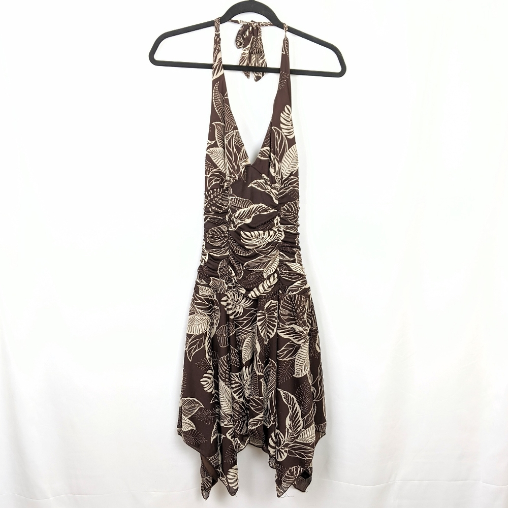 RUBY ROX Brown Monsterra Leaf Print Halter Dress